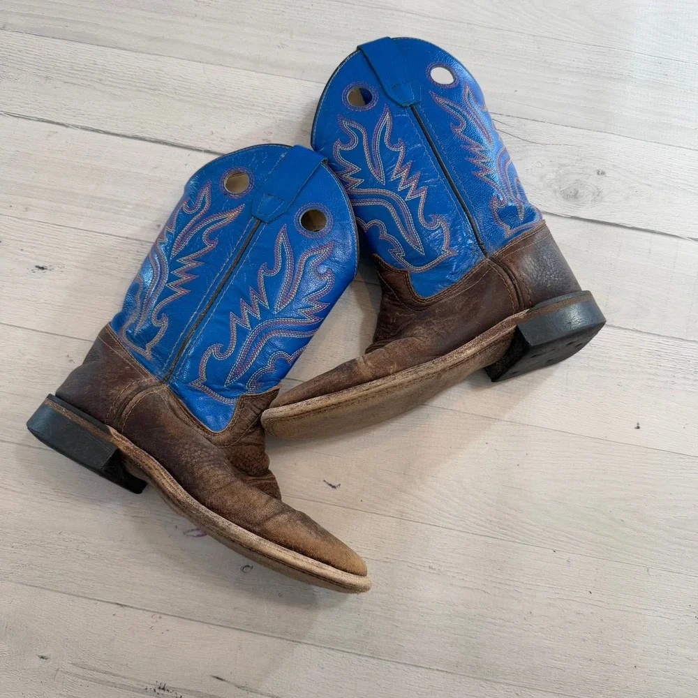 Old West Blue Brown Leather Square Toe Western Cowboy Boots kids size‎ 1.5